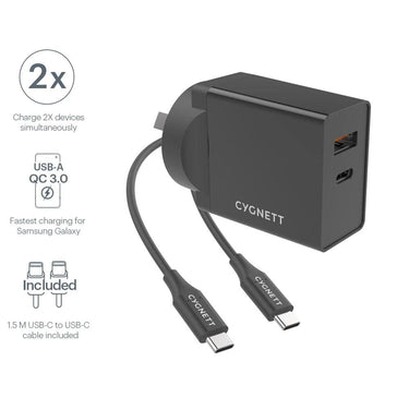 Cygnett Powerplus 18w Usb-c Pd Ac Charger + Usb-c To Usb-c 1.5m Cable - Black - Accessories